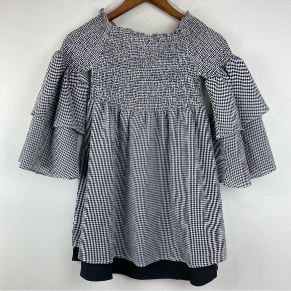 Lost In Lunar Tops - Lost In Lunar Medium Women’s Black White Gingham Smock Off Shoulder Blouse